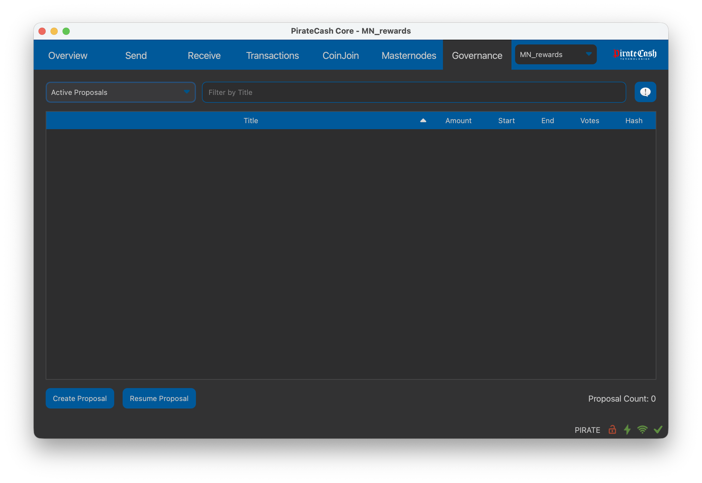 The Governance tab in PirateCash Core with the Create Proposal button