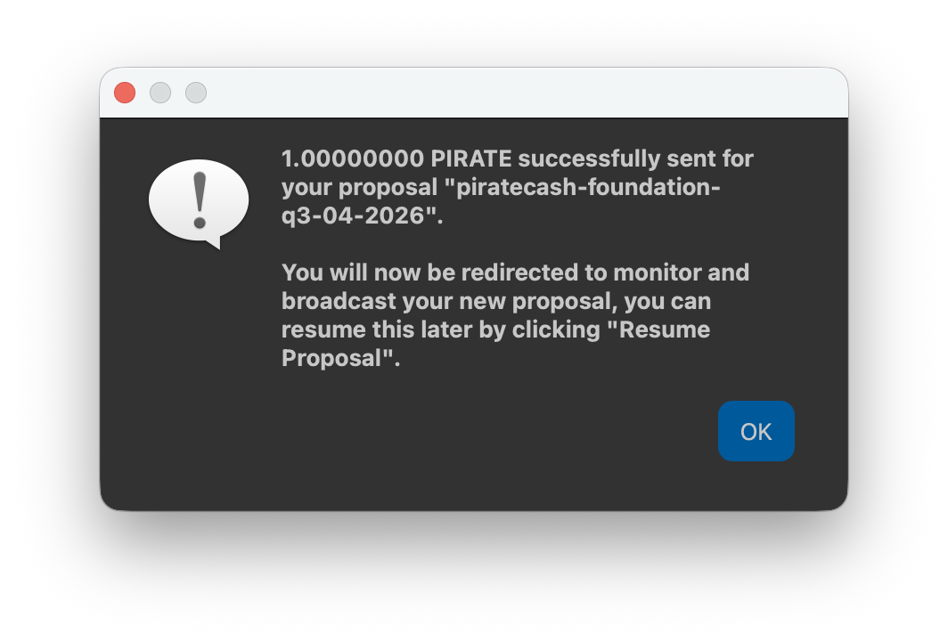 Message confirming that 1 PIRATE was successfully sent for the proposal