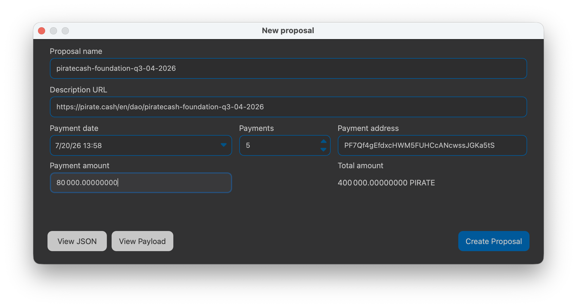 The New proposal form with PirateCash DAO proposal parameters