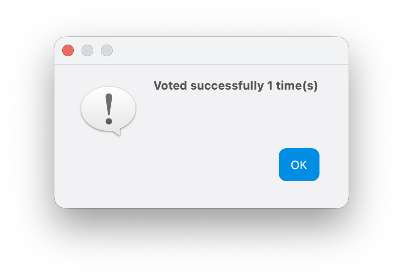 Wallet message confirming that one vote was submitted successfully